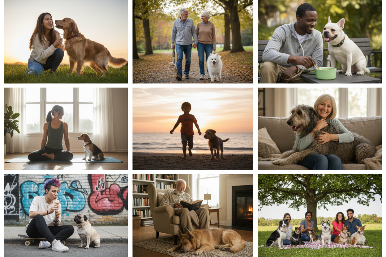 grid view. Dog owners with dogs. 